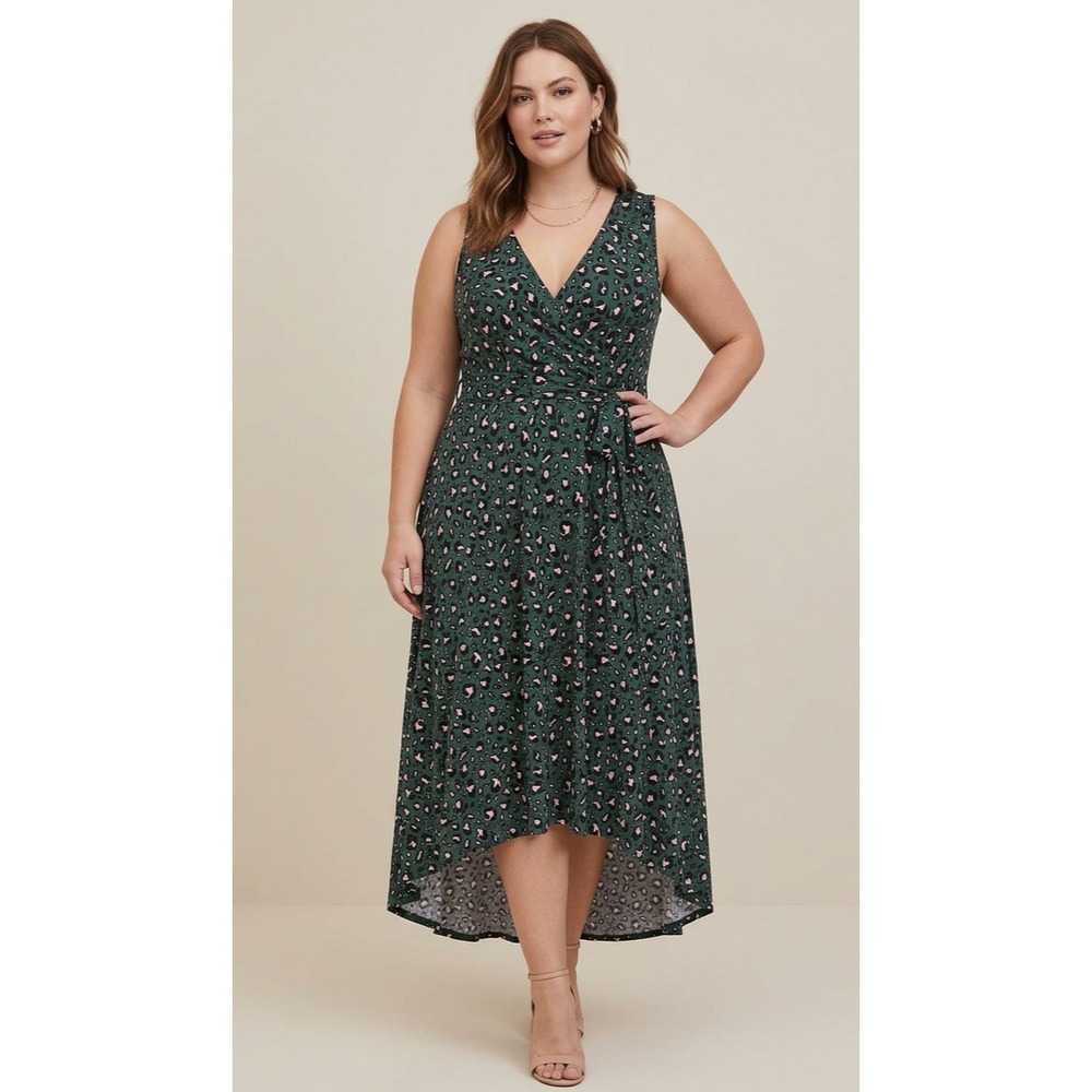 Torrid Midi Studio Knit Hi-Low Dress Womens 2X Green Leopard Tie Front Surplice